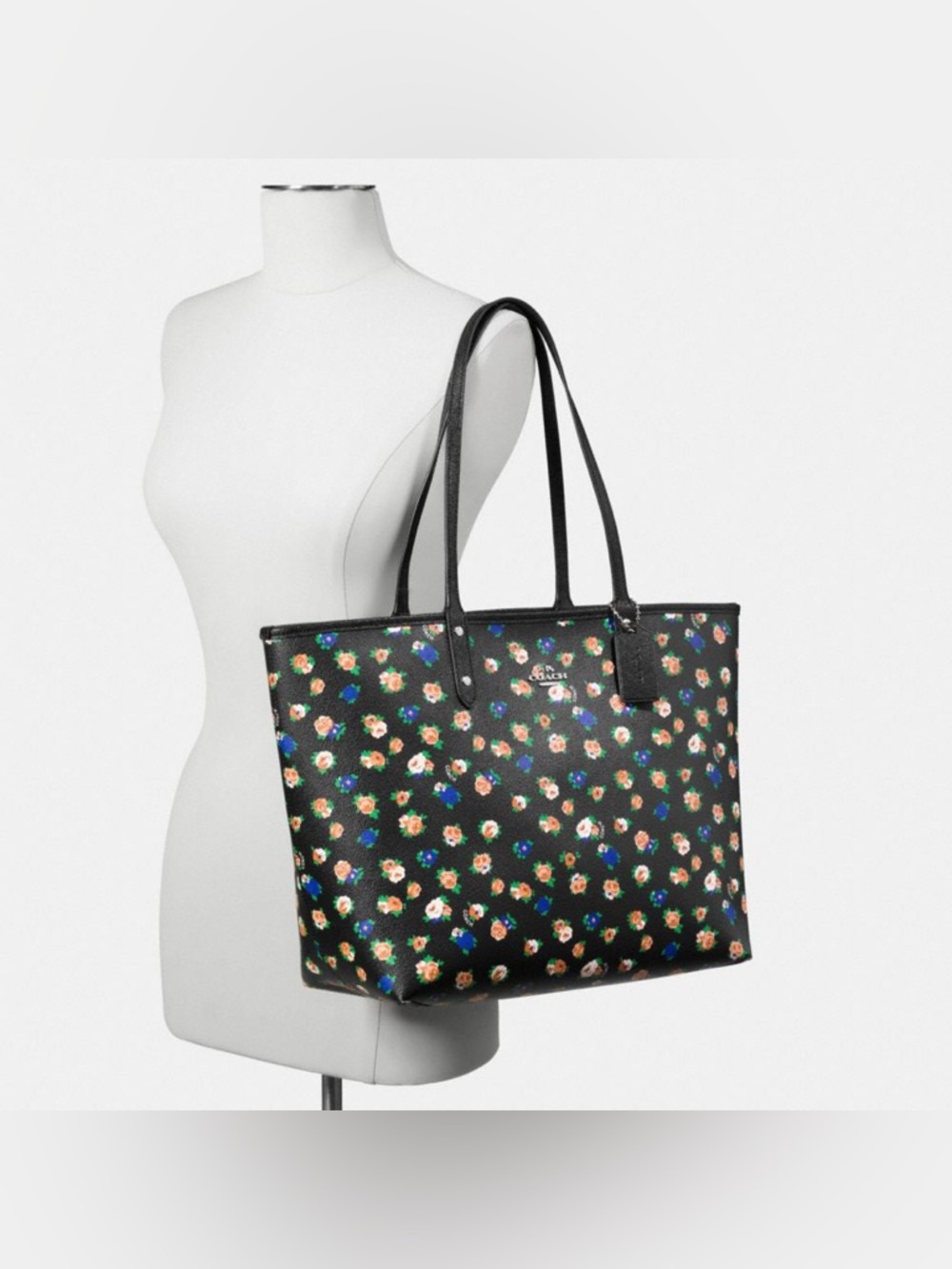 Coach Reversible City Tote Tea Rose Floral/Black Coated Canvas Bag - Picture 3 of 16